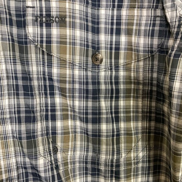 Filson Fishing Shirt Mens Small Navy Blue White Tan Plaid Lightweight Vented - Picture 4 of 10